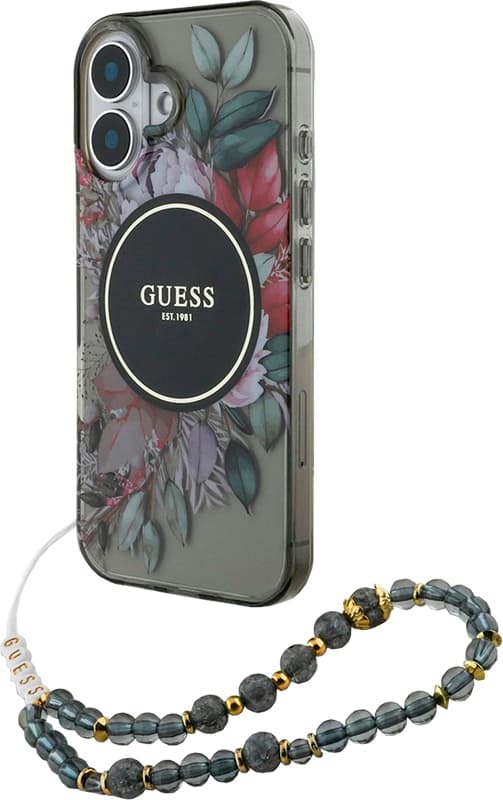 Capa com cordão Guess para iPhone 16 GUHMP16SHFWBRCESK – Flowers Black